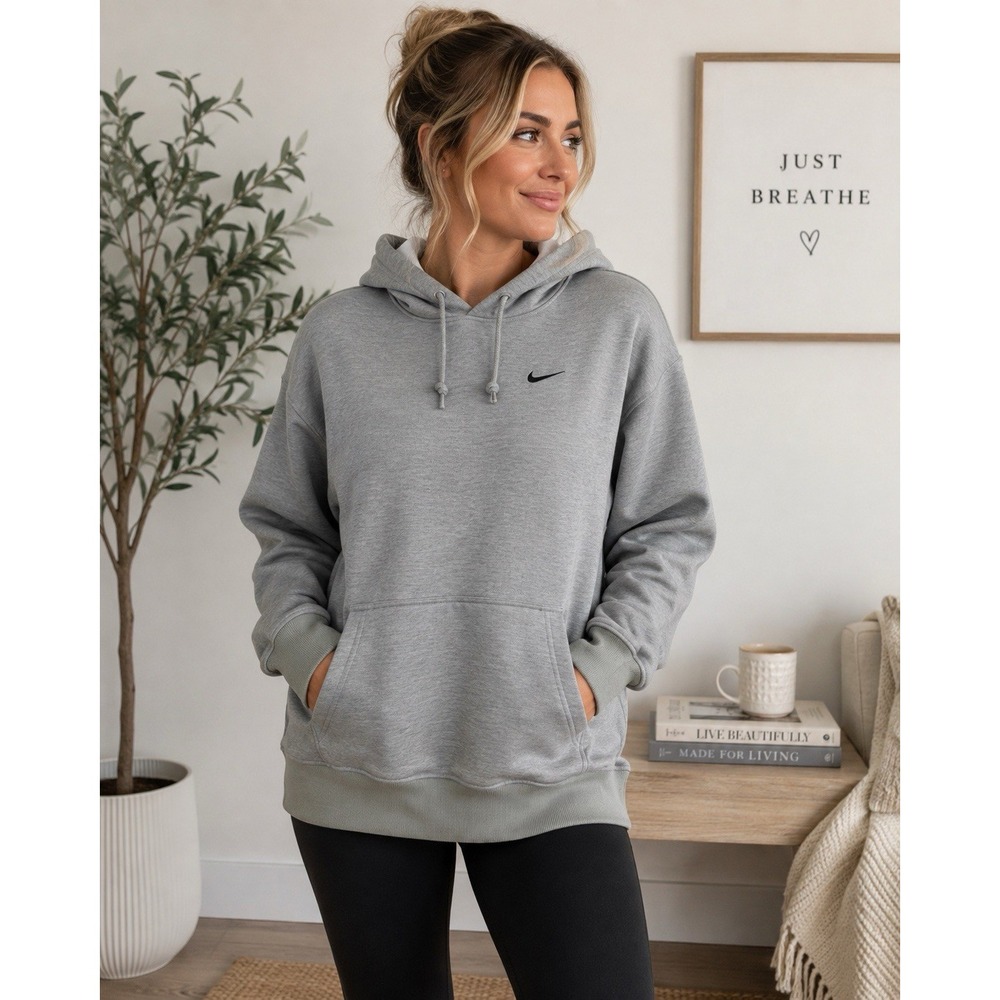 Nike Therma-Fit Fleece Lined Hoodie Gray Pullover Sweatshirt Women's M Logo